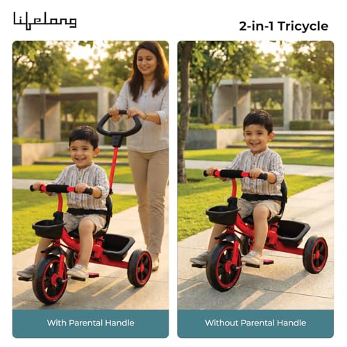 Image of Lifelong Trike Cycle for Kids 2-5 Years Boys & Girl - Baby Cycle - Bicycle for Kids - Bike with 3 EVA Wheels & Basket -Durable Tricycle with Parental Control 30kg Capacity Red & Black
