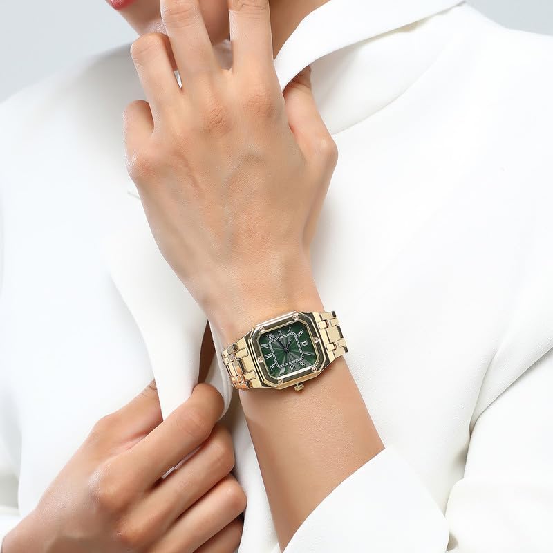 Image of Haute Sauce Women's The Torque Roman Square Watch | California Gold Stainless Steel Strap | Emerald Green Dial | One-Size | Foldover Closure | Quartz | Analogue | Wrist Belt Watch for Female & Girls