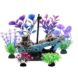 GOFYLIN Aquarium Decoration Kit, Resin Shipwreck Ornament with 6 Artificial Aquatic Plants, Fish Tank Decor Set