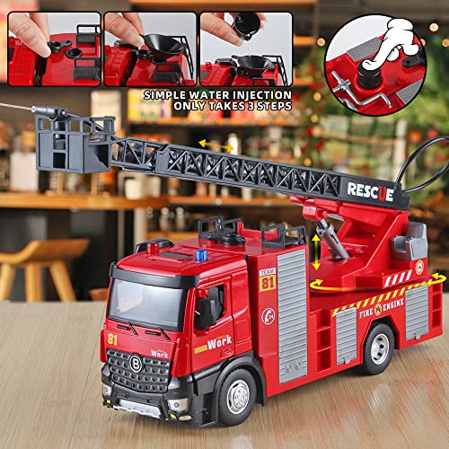 OANMYJJO Boy Fire Truck Toy Metal DieCast Fire Truck Model,Water-Spraying Toy Fire Truck with Simulated Sound and Light,Retractable Rescue Ladder Firetruck Toy,Fire Trucks for Boys Age 4-7