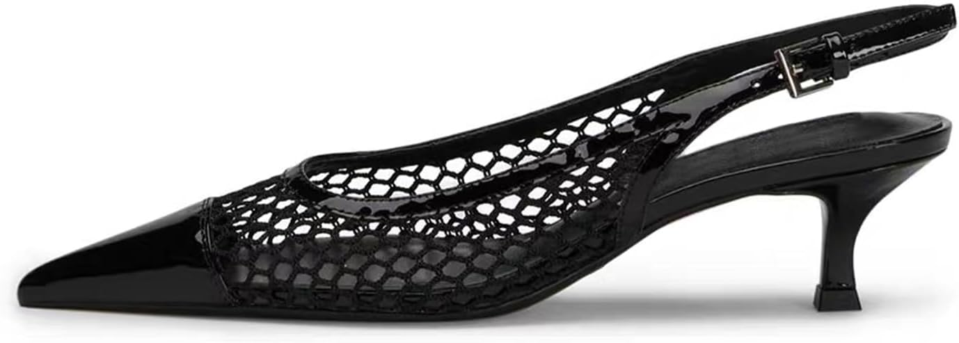 olomisa Slingback Pumps for Women Mesh Kitten Heels Pointed Toe Heeled Sandals Buckle Ankle Strap Low Heeled Pumps