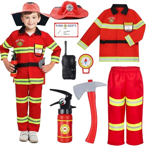 Rizuko Firefighter Costume for Kids with Tool,Fireman Outfit Toys for Boys and Girls Birthday Halloween Party Dress Up 8PCS (Red,110CM/5-6Y)