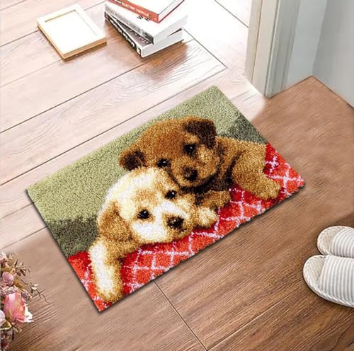 Image of Latch Hook Kits for Adults, Pre-Printed Handmade Rug Crochet Yarns DIY Door Mat Kits for Home Decor Festival Gift 19.6''X11.8'' (Two Puppies)