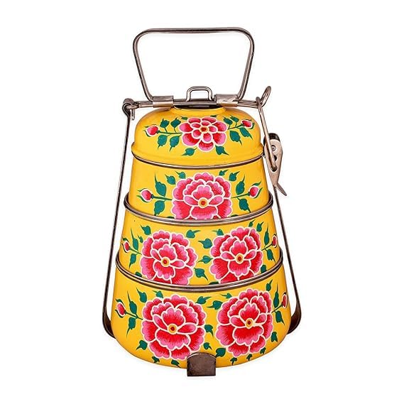 Image of iHandikart Handpainted Decorative Lunch Box Tiffin | Multiple Tier Stainless Steel Food Box | Designer Indian Print Tiffin for School | Diwali Gift, Navratri Gift (Color - Multicolor)