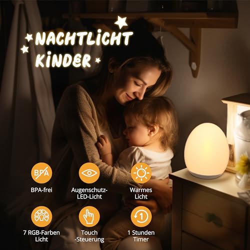 Nachtlicht Kinder, Stilllicht Baby mit 8 Farbwechselmodi und Dimmfunktion, Touch-Steuerung und Timer-Einstellung, Baby-Eierlampe zum Stillen, Nachttischlampe – Bild 2