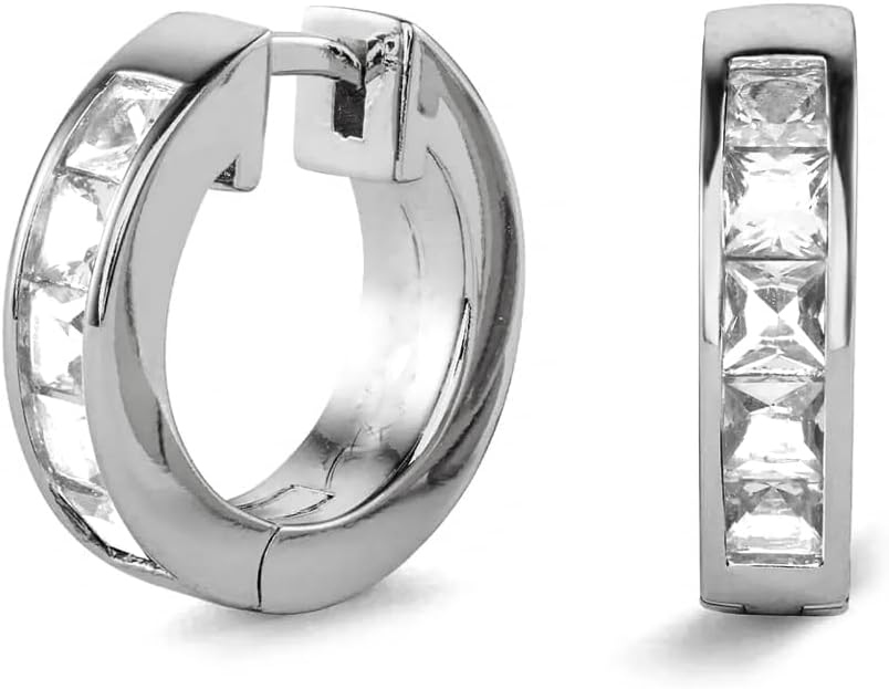White Gold Plated 925 Sterling Silver Square Princess Cut Iced 5A Cz Trendy Classic Unisex 14mm Hoops Hypoallergenic Huggie Hoop Earrings For Men Women - Image 5