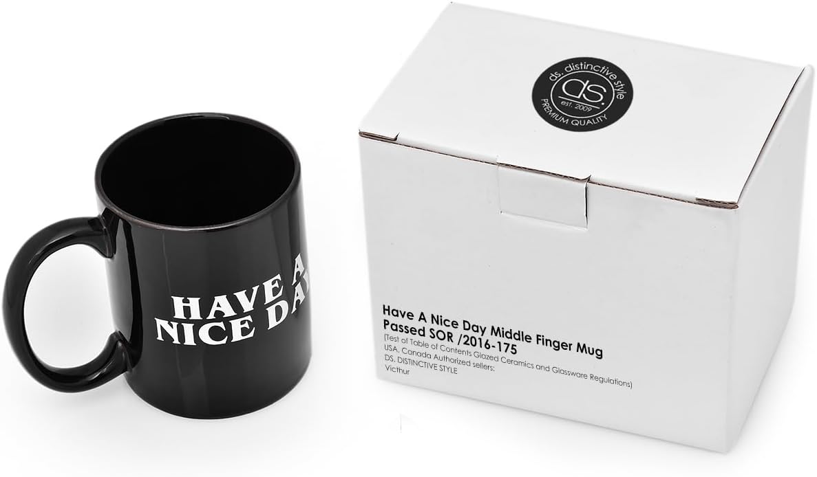 DS. DISTINCTIVE STYLE Have A Nice Day Mug Middle Finger Mug 300 Millilitre Ceramic Coffee Cup Funny Birthday Present (Black)