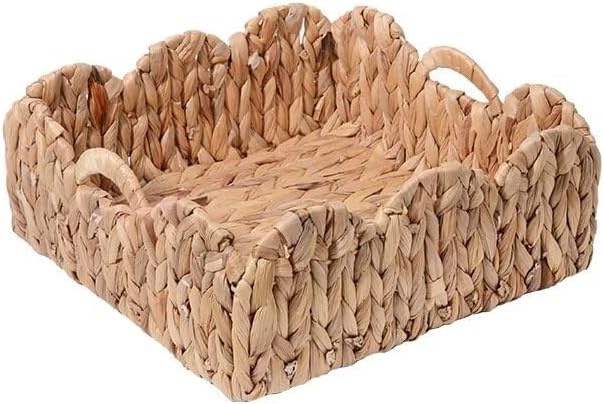 Scalloped Wicker Basket, Nursery Basket with Handles, Woven Rattan Baskets for Organizing, Scalloped Edge Basket Shelf Decorative, Water Hyacinth Bathroom Living Room Organizer Set of 2