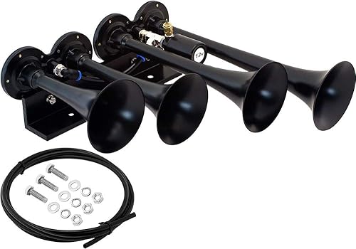 Miniatura 16 de Vixen Horns Bocina de tren para camión/coche. 4 trompetas cromadas con bocina de aire. Db súper fuerte. Se adapta a vehículos de 12 V como