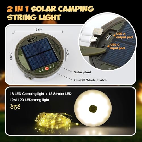 Image of XERGY Solar + USB-C Rechargeable Camping LED String Lamp + Light | USB Output Powerbank | Remote Control | 3600mAh | 5 Modes | Timer | Waterproof Portable Hanging for Outdoor Hiking, Party- 12Mtr