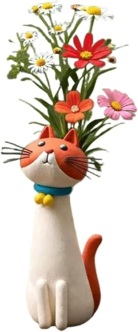 Handcrafted Quirky Cat Vase, Whimsical Ceramic Cat Flower Vase, 7.5 Inch Funny Kitty Planter for Desk Shelf, Boho Home Office Decor (01#)