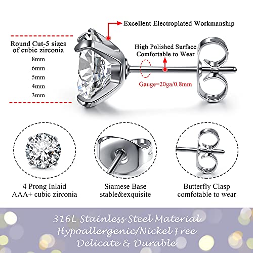 Top Plaza 12 Pairs Stud Earrings Set For Women 316L Surgical Hypoallergenic Stainless Steel Earrings Birthstone Cz Cubic Zirconia Stud Earrings For Women - 3Mm #TOP5