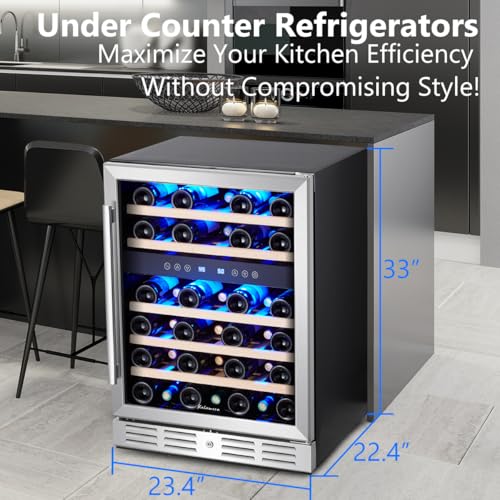 kalamera 24 inch wine cooler 46 bottle - dual zone built-in or freestanding fridge with stainless steel reversible glass door for home kitchen or office