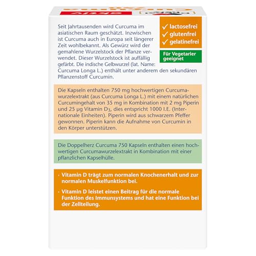 Doppelherz Curcuma 750 mit Curcumin + Vitamin D3 1000 I.E. – Vitamin D unterstützt die normale Funktion des Immunsystems – 60 Kapseln