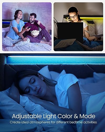 Image of VASAGLE LED Bed Frame Queen Size, Queen Bed with Headboard and 4 Drawers, 1 USB Port and 1 Type C Port, Adjustable Upholstered Headboard 36.7 /39.3 Inches, No Box Spring Needed, Dark Gray URMB821G71