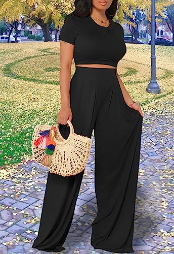 Women's Casual Summer 2 Piece Outfits Short Sleeve Crop Top Wide Leg Pants Set Jumpsuits4