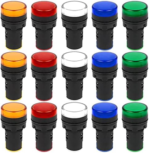 Iyowei 15 PCS Indicator Light, LED Flush Panel Mount LED Pilot Signal Light Panel Indicator Bulbs Signal Lamp, 22 mm, 220-230 V, Red/Green/Blue/Orange/White