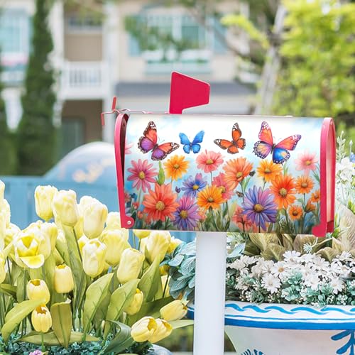 Image of Spring Summer Butterfly Flower Mailbox Covers Magnetic Standard Size 18x21 Inch Watercolor Floral Mailbox Cover Spring Summer Post Letter Box Covers Mailbox Wrap Garden Yard Home Decor for Outside