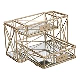 Home Details Beauty Essentials Mirrored Vanity Tower, Jewelry Organizer, Make-Up Storage, Perfume Tray, Brush Holder, 2 Tier, Satin Gold