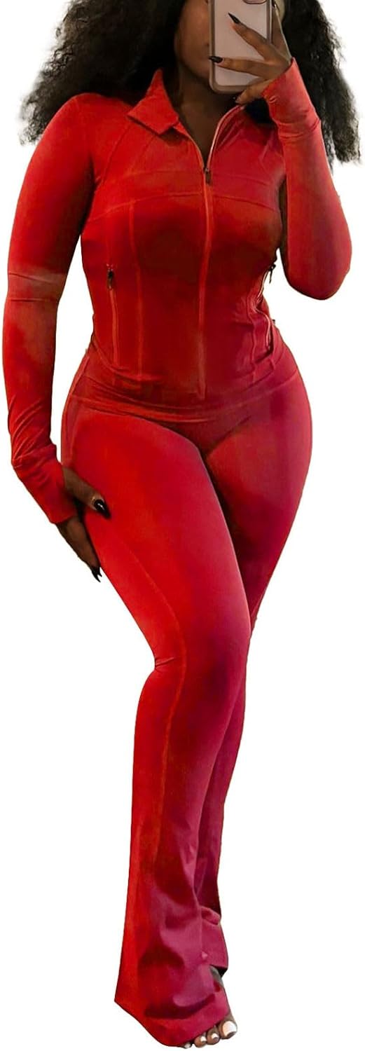 Womens Sexy Slim Outfits Solid Color Long Sleeve High Neck Zipper Top Bell Bottoms Going Out Set