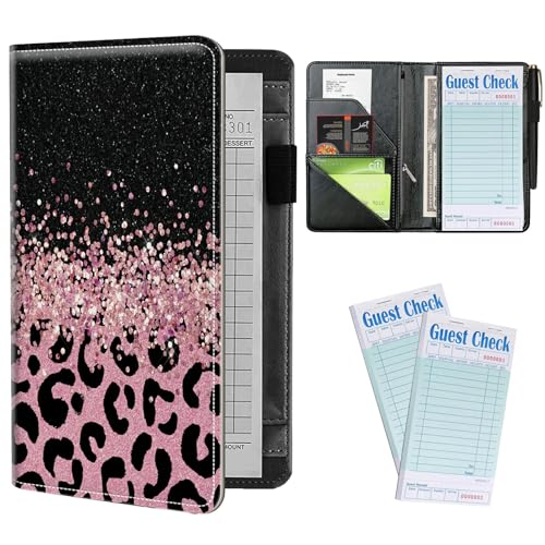 Server Books Plus 2 Pack Guest Checks Pads for Waitress Waiter, Pink Leopards Glitter Server Booklet Waitstaff Organizer with Zipper Pocket Guest Check Presenters Server Wallet (5
