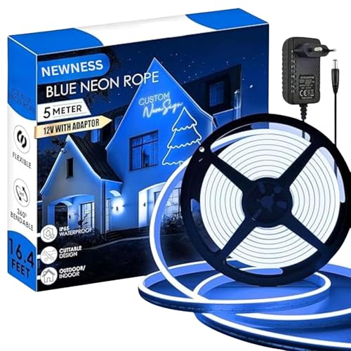 Image of NEWNESS 13.2 Feet Blue Neon LED Strip Light | IP65 Waterproof Flexible Silicone Rope Light with 12V Adapter for Indoor and Outdoor Home Decor