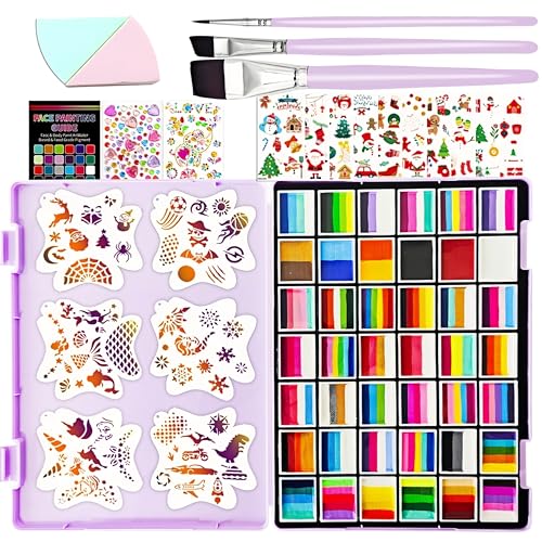 Onlystar 148 Colors Professional Face Painting Kit Large 42 x 10g Water Activated Split Cake Face Paint with Stencil & Brushes, Hypoallergenic & Non-Toxic, Gift for Birthday Parties/Halloween/Carnival