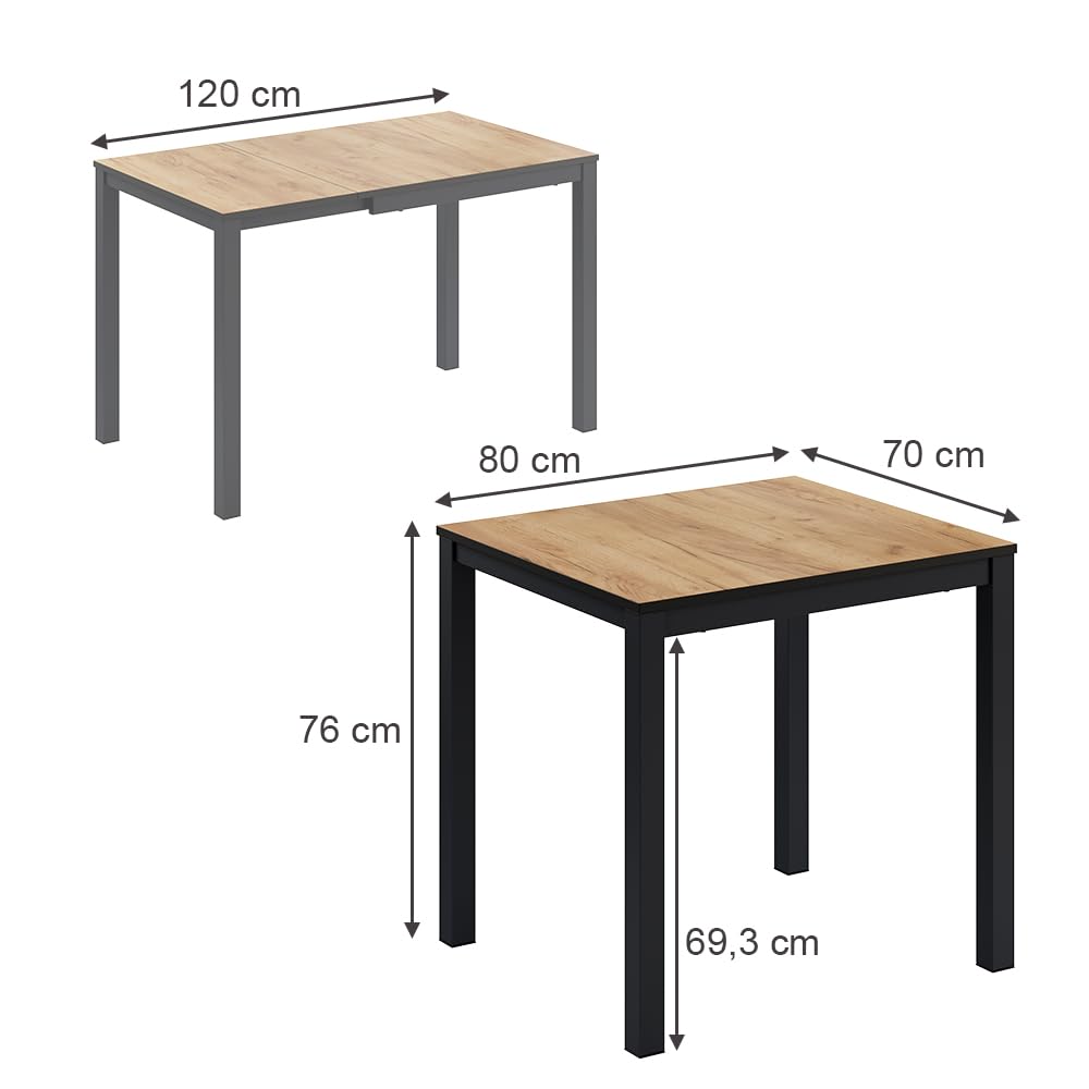 Vicco Esstisch Granny, Eiche/Anthrazit, 80-120 x 70 cm ausziehbar, mit Ausziehfunktion für Variable Tischlängen