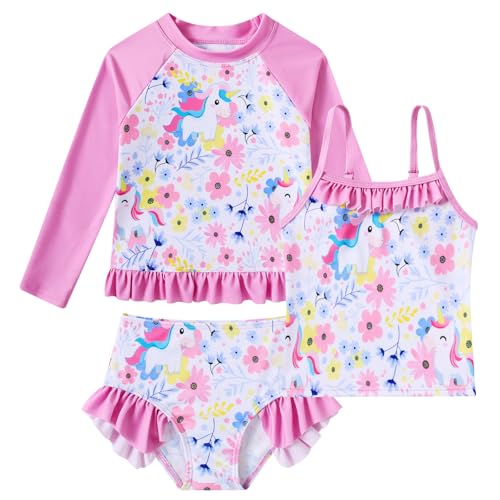 Image of BFUSTYLE Girls Swimsuit 3 Pieces Rash Guard Kids Long Sleeves Bathing Suit 3-8 Years Sun Proction Swimwear Tankini