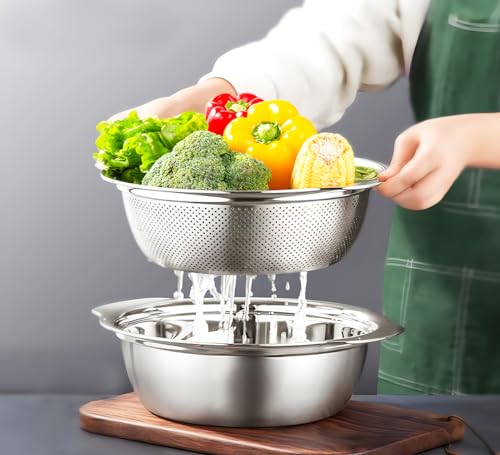Colador de acero inoxidable 304, juego de colador microperforado con cuenco para mezclar, sin BPA para escurrir pasta, fideos, verduras, frutas y arroz
