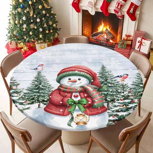 Fitted Tablecloth for Round Table,Snowman Christmas Tree Table Cover with Elastic Edge Waterproof Tablecloth,Winter Snowflake Pine Cones Farm Plank Circle Covers for Kitchen 36-44in – Image 6