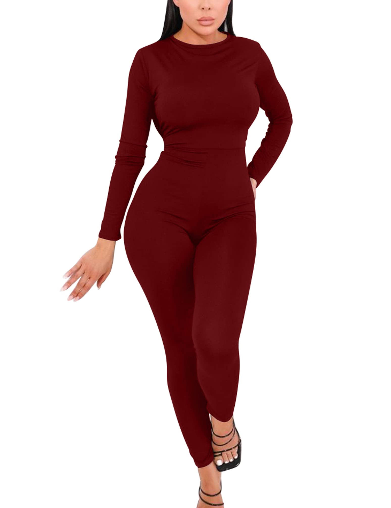 Mizoci Women's Sexy Bodycon Long Sleeve Crewneck Jumpsuit 