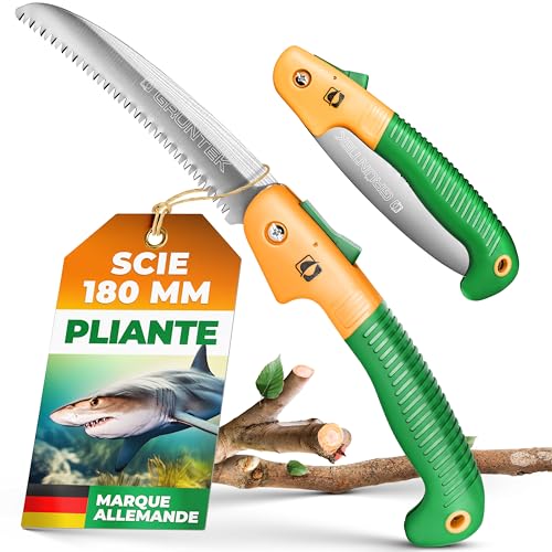 GRÜNTEK Scie Pliante 180mm. Scie d'élagage avec Lame Japonaise. Scie a main a bois Égoine. Outils de Jardinage Professionnel pour Jardin, Bushcraft et Coupe de Branches