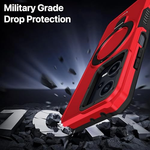 Image of Vaku Luxos Astor Military Grade Back Cover Case for Redmi Note 12 Pro 5G with Rotable Ring Kickstand Shockproof Protective Cell Phone TPU Case- Red