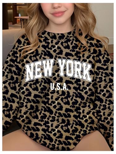 Floerns Girl's Cheetah Long Sleeve Sweatshirts Crew Neck Loose Fit Graphic Pullover3