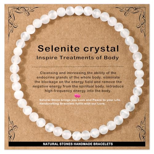 AD Beads 4mm Handmade Selenite crystal Elastic Bracelet Natural Gemstone for Inspire treatments of body Meditation Yoga Healing and Energy Gift for Men Women