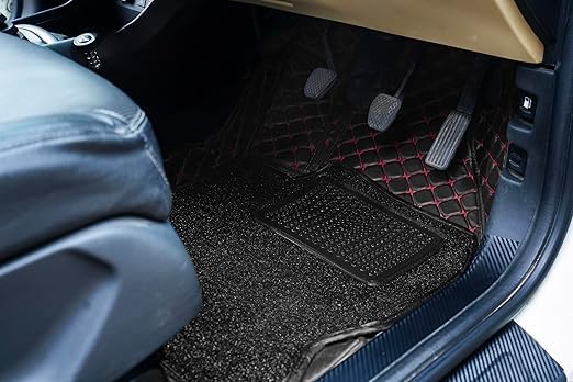 Image of 7D Luxury Car Mats for Mg Hector Plus (7 Seater)| Ultra-Premium PU Leather | Waterproof, Dustproof & Anti-Slip | Custom Fit All-Weather Floor Mats | Color : Black & Red