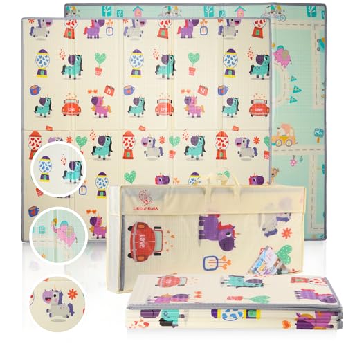 LITTLE BLISS,Alfombra Bebe 200x180 cm, 1 cm Grosor, Bordes Reforzados, XPE Acolchada, Reversible y Plegable, Diseño Infantil, Antideslizante, Impermeable, Tapete de Juegos para Niños (ROAD EDITION)