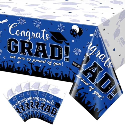 6 Pack Graduation Tablecloth Party Decorations, Class of 2026 Congrats Grad Plastic Tablecover Party Supplies, Blue Rectangle Graduation Table Decorations for College High School Party, 54 x 108 Inch