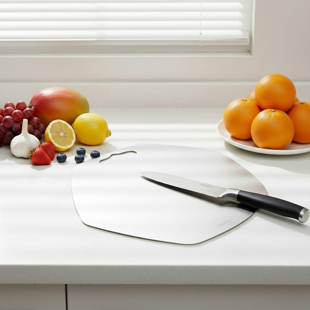 Herrlich Homes Premium 304 Stainless Steel Hexagonal Chopping Board for Kitchen | 34 x 31 cm | with 2 Steel Straw & Anti-Skid Silicon Pad | Reversible | for Cutting Vegetables, Fruits, Meat | Medium