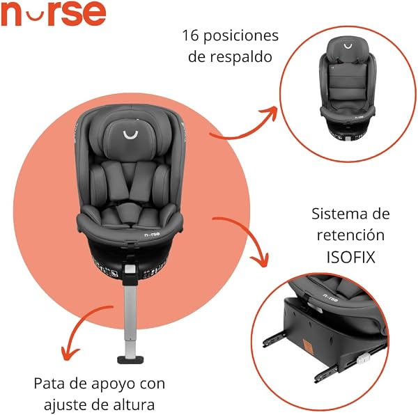 Nurse Titane Silla de Coche i-Size 40–150 cm, 360º, ISOFIX y Pata de Apoyo, A Contramarcha y Cara Marcha, Protección Lateral, Gris - 5