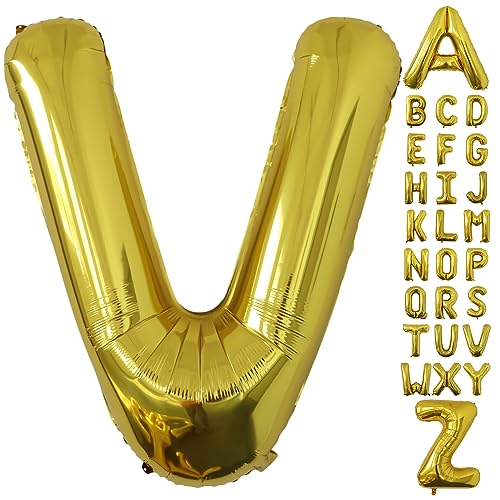 Image of Letter Balloons Gold Party Balloon - 40 Inch Large Gold Letter V Balloon, Letter Balloon Birthday Decorations, Balloon for Women Men Anniversary Party Decorations Supplies