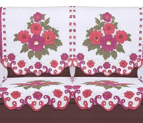 Image of Fab Nation Sofa Cover L Shape 6 Seater with Corner L Type Fully Covered Sofa Set for Living Room | Cotton Sofa Slipcovers for 3 + 3 Seaters Cover + 2 Setty Covers + 1 Table Cover Set | Flower Pink