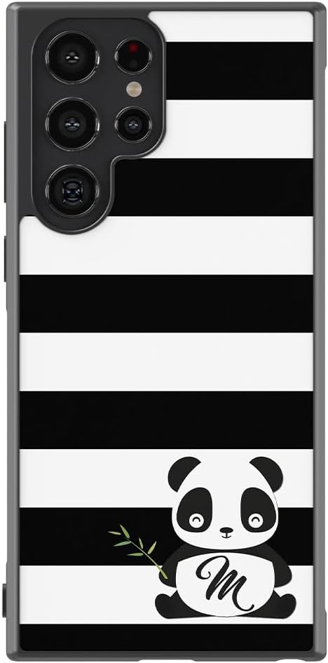 Panda Bear Personalized Initial Black Rubber Phone Case Compatible With Samsung Galaxy S25 S25+ S25 Ultra S24 S24+ S24 Ultra S24FE, S23 FE S23+ Ultra S22 S22+
