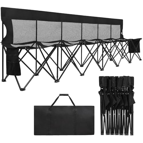 Permade Soccer Bench- Folding Team Bench Soccer 6 Seats Portable Sideline Sports Benches with Mesh Seat and Back with Bag Foldable Breathable Chairs for Sports Football Camp Events (Black