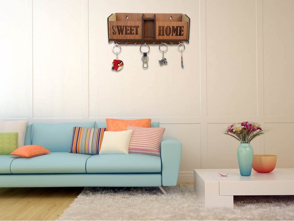 Image of Sweet Home Key Holder for Home Wall Stylish | Wooden Key Stand for Wall | MDF Key Hanger | Two Box to Charge Mobile | Pen and Keys Holder Stand for Office, Hall Living | Matte Finish
