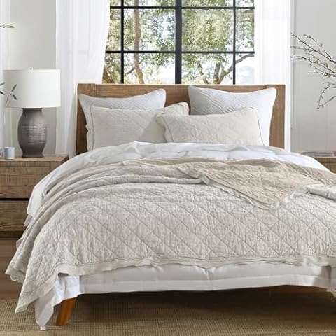 HORIMOTE HOME 100% Linen Front/100% Cotton Back Quilt Set Queen Size, Beige Pre-Washed European Flax Linen Quilt, Diamond Stitch Bedspread Coverlet Bedding Set 3-Piece for All Seasons Cover