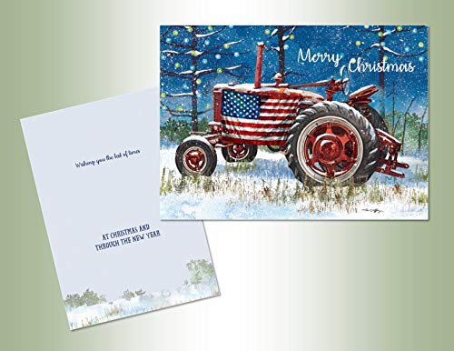 Performing Arts American Flag On Patriotic Tractor In Farm - Pack Of 18 Christmas Holiday Greeting Cards With Envelopes - 7 X 5 Inches Stationary Card Boxed Set - Full Color Inside Design - Made In USA