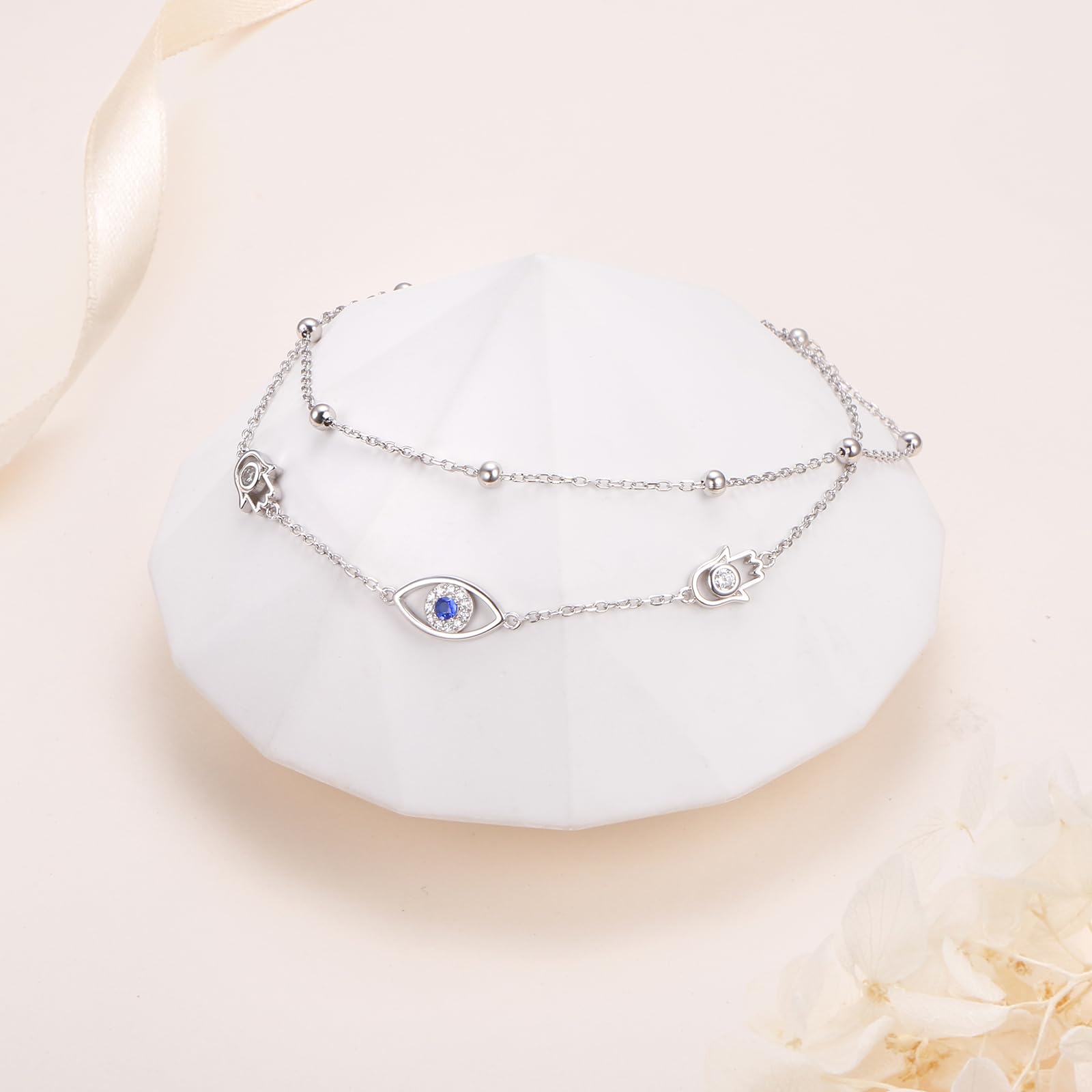 Tobilleras ajustables de plata de ley 925 contra el mal de ojo para mujer, doble capa, cadena de pie de playa, regalos de joyería