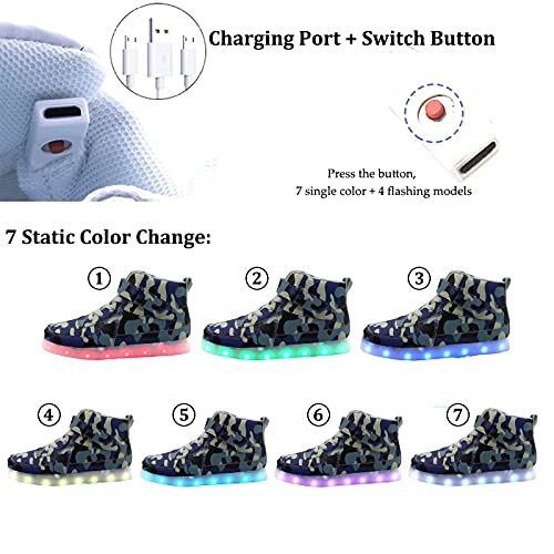 Sufuinu Kids Light Up Shoes With Usb Charging Flashing Led Sneakers High Top Luminous Dancing Shoe For Boys And Girls Child Unisex Blue Camo #TOP2